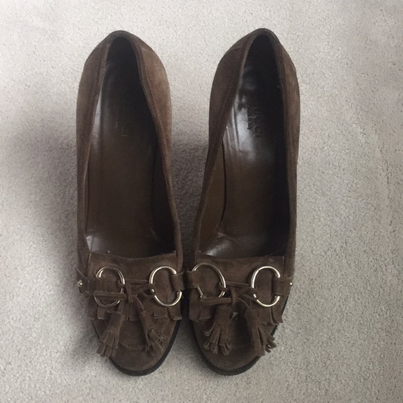 Gucci Brown Suede Tassel Loafer Pump - Picture 1 of 8